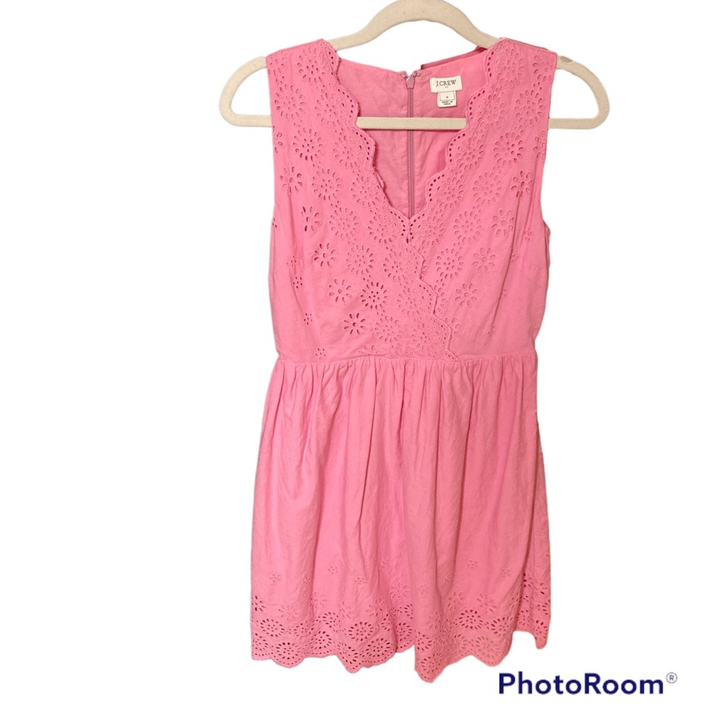 - - - - - J Crew pink dress eyelet floral design sleeveless fit flare size…